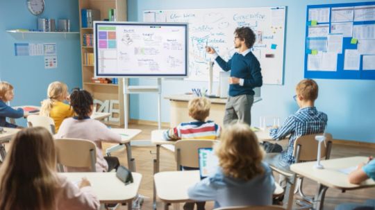 Lehrer steht vor einer Klasse von Grundschulkindern und erklärt etwas anhand eines Whiteboards